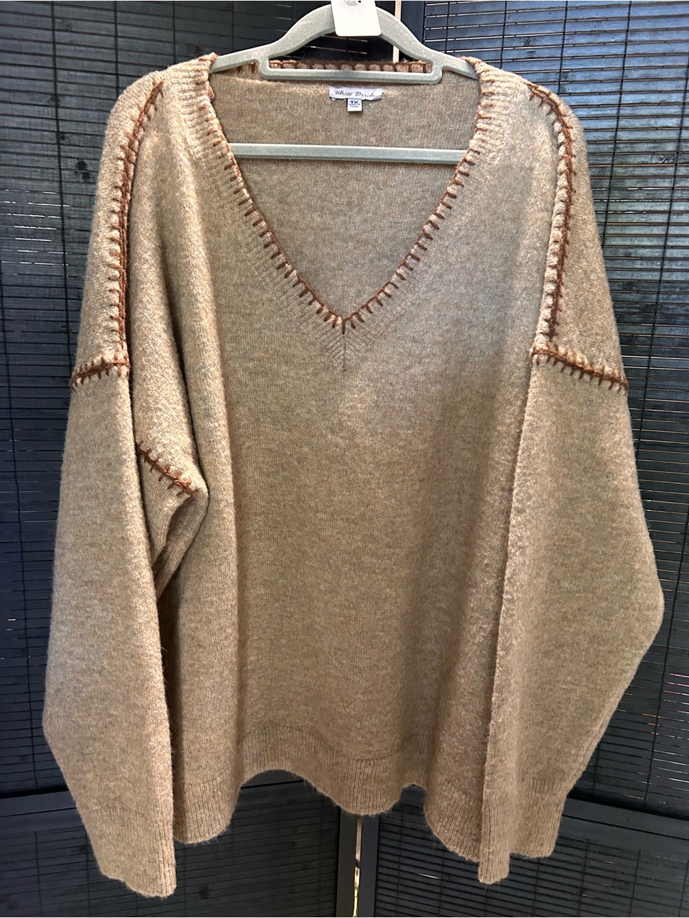white birch Taupe V-Neck Sweater with Contrast Stitching